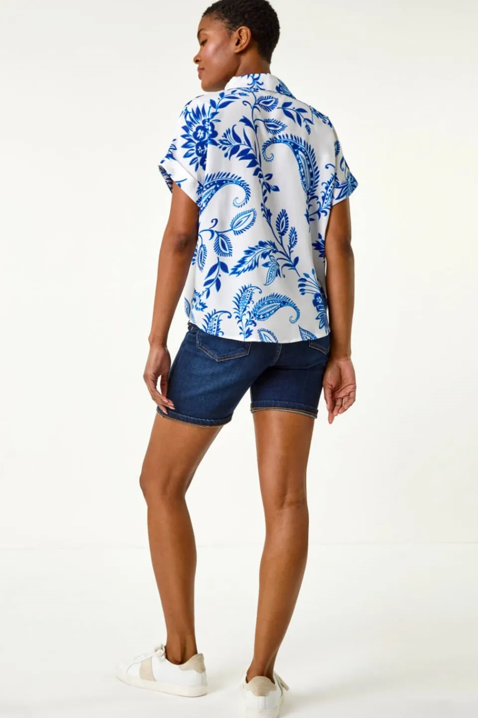 Blouses & Shirts>Roman Blue Paisley Leaf Print Tie Front Top