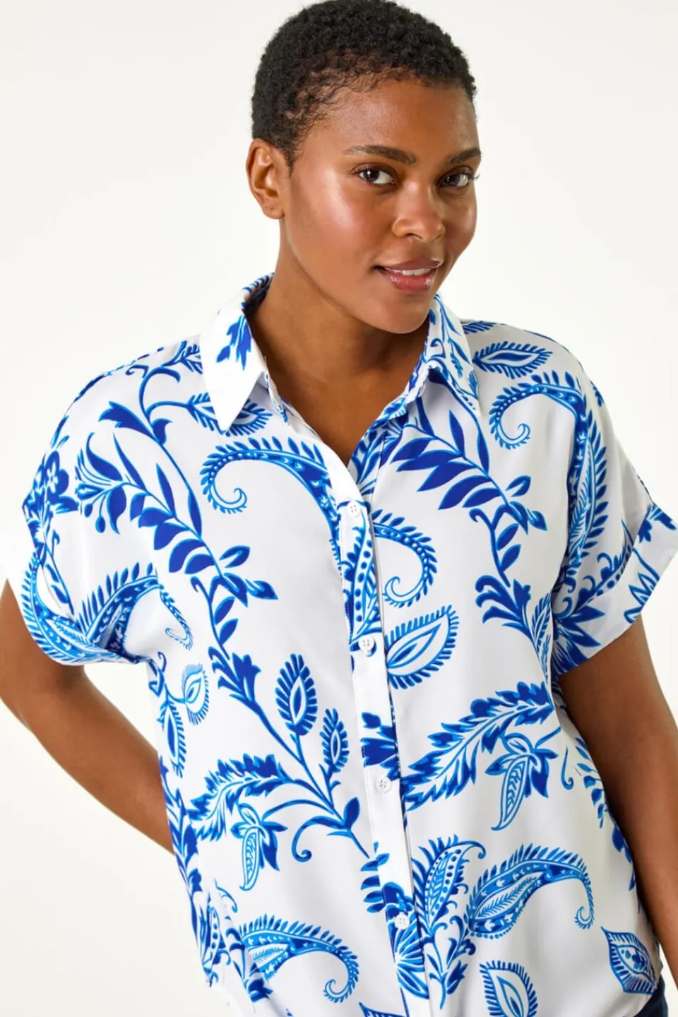 Blouses & Shirts>Roman Blue Paisley Leaf Print Tie Front Top
