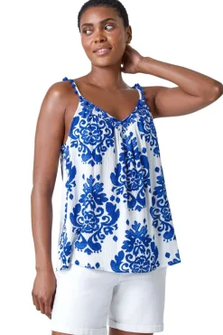 Tops>Roman Blue Paisley Pom Pom Trim V-Neck Crinkle Vest Top