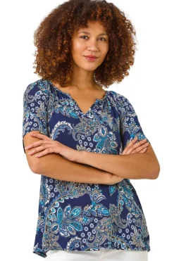 Tops>Roman Blue Paisley Print Gathered Stretch Top