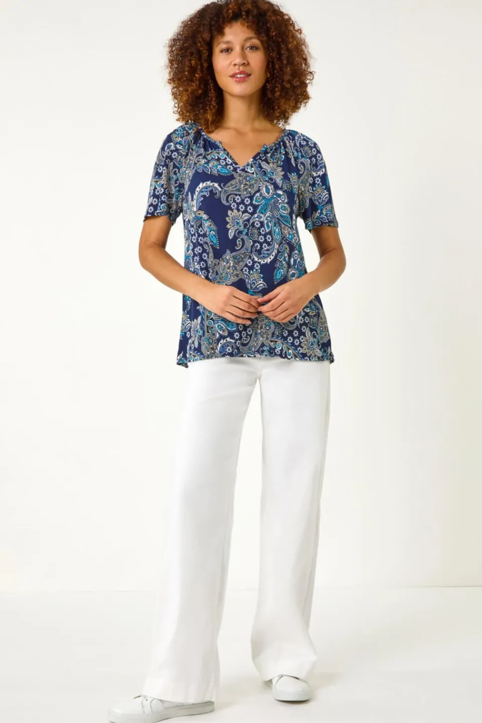 Tops>Roman Blue Paisley Print Gathered Stretch Top