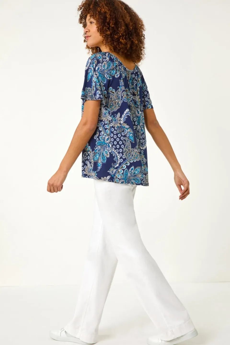 Tops>Roman Blue Paisley Print Gathered Stretch Top