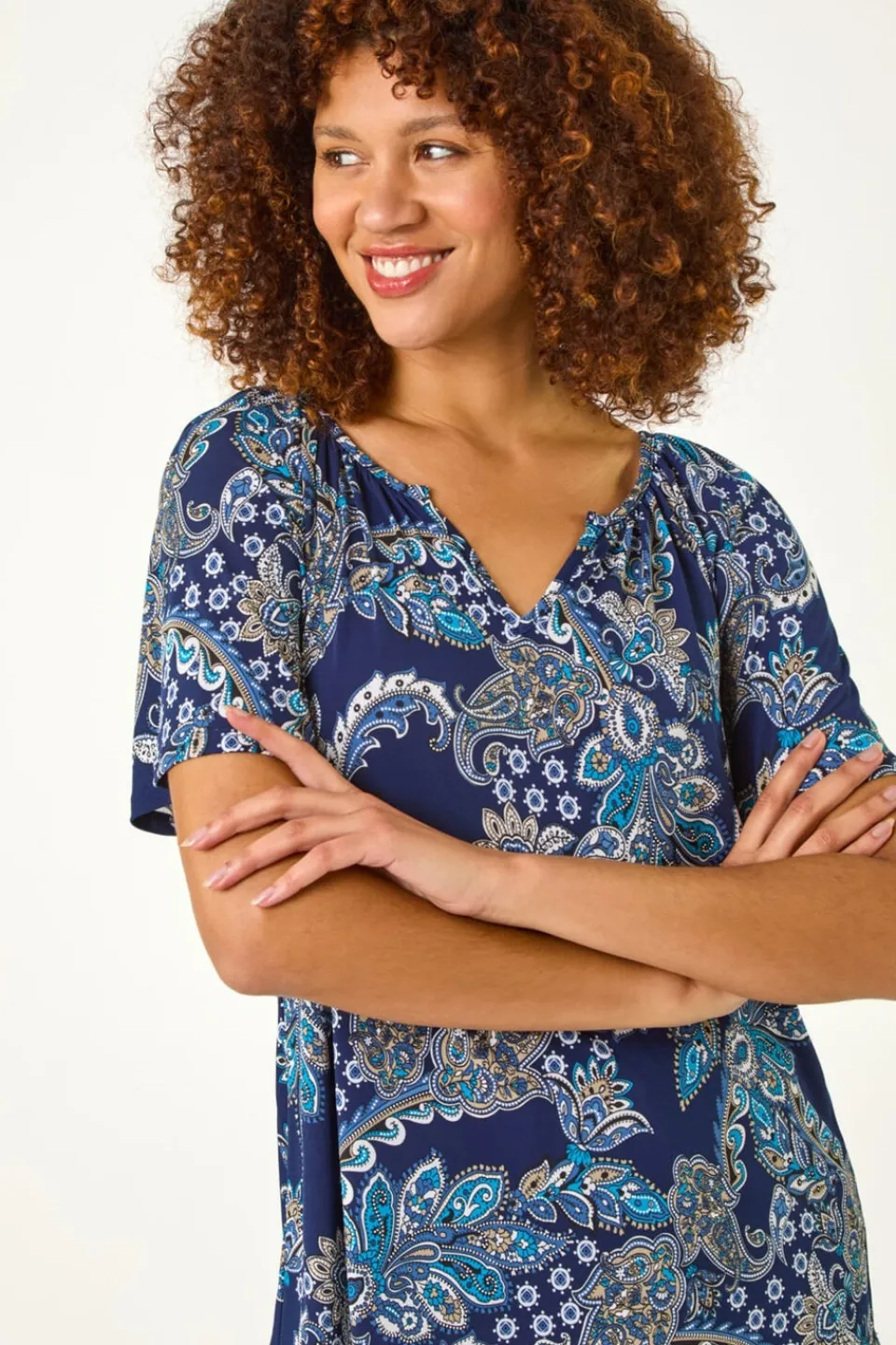 Tops>Roman Blue Paisley Print Gathered Stretch Top