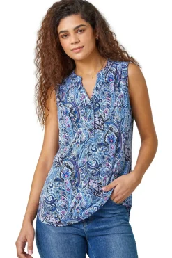 Tops>Roman Blue Paisley Print Sleeveless Stretch Top