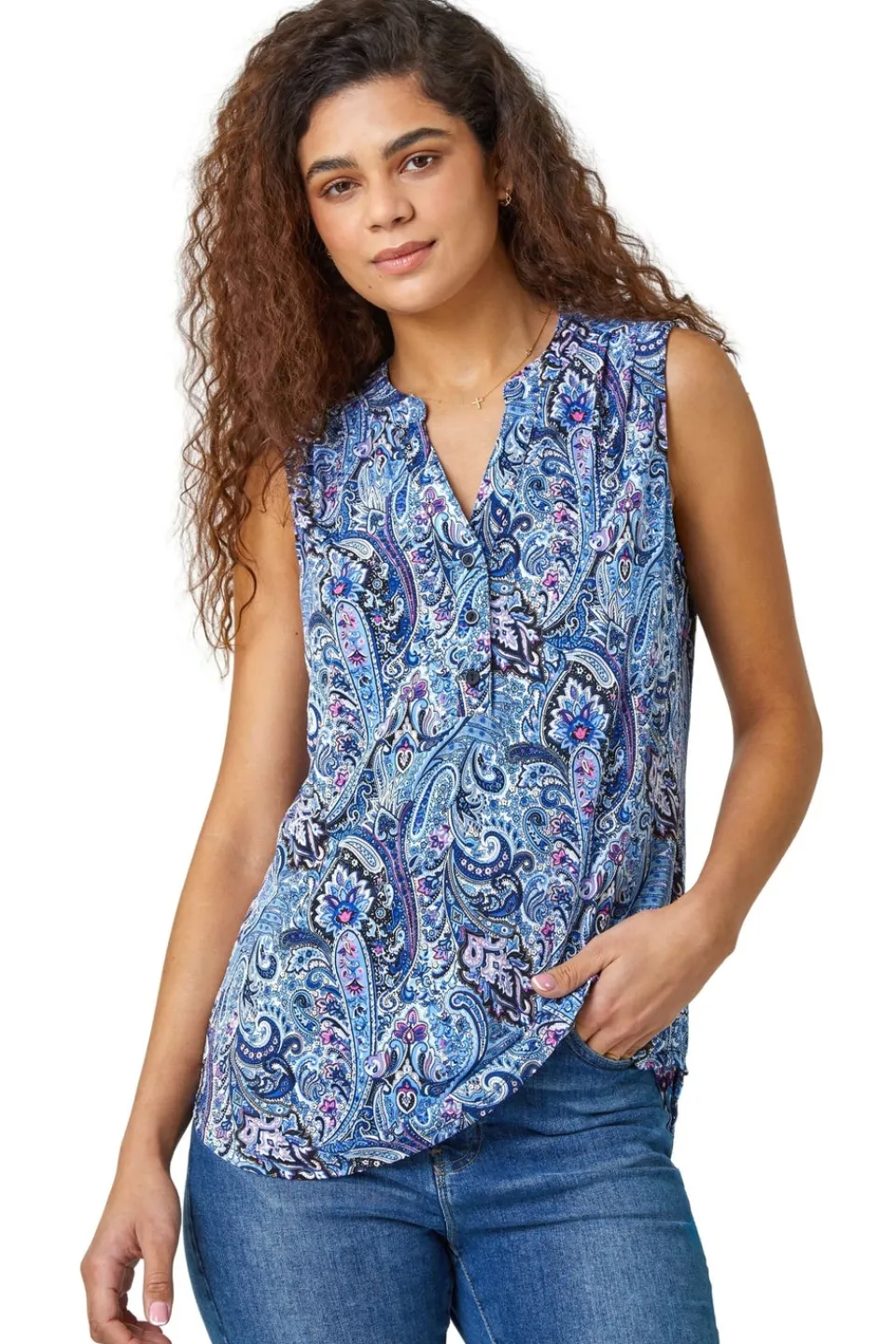 Tops>Roman Blue Paisley Print Sleeveless Stretch Top