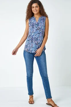 Tops>Roman Blue Paisley Print Sleeveless Stretch Top