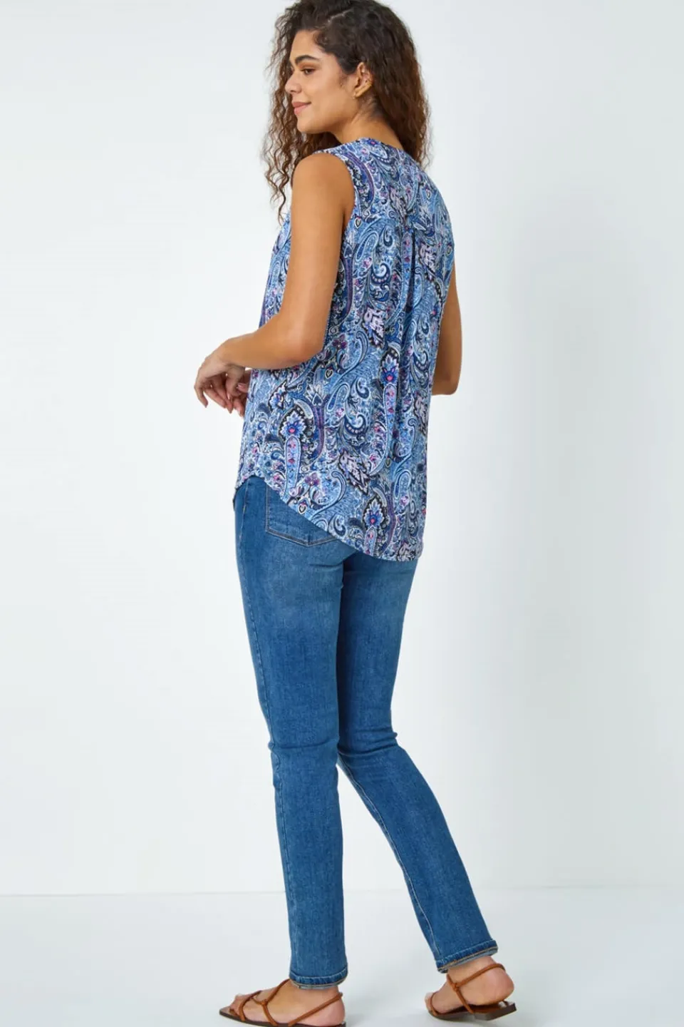 Tops>Roman Blue Paisley Print Sleeveless Stretch Top