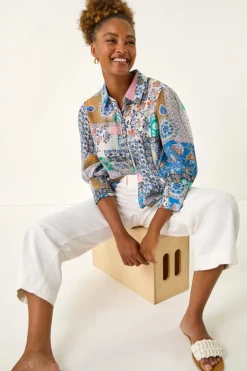 Tops>Roman Blue Patchwork Printed Shirt