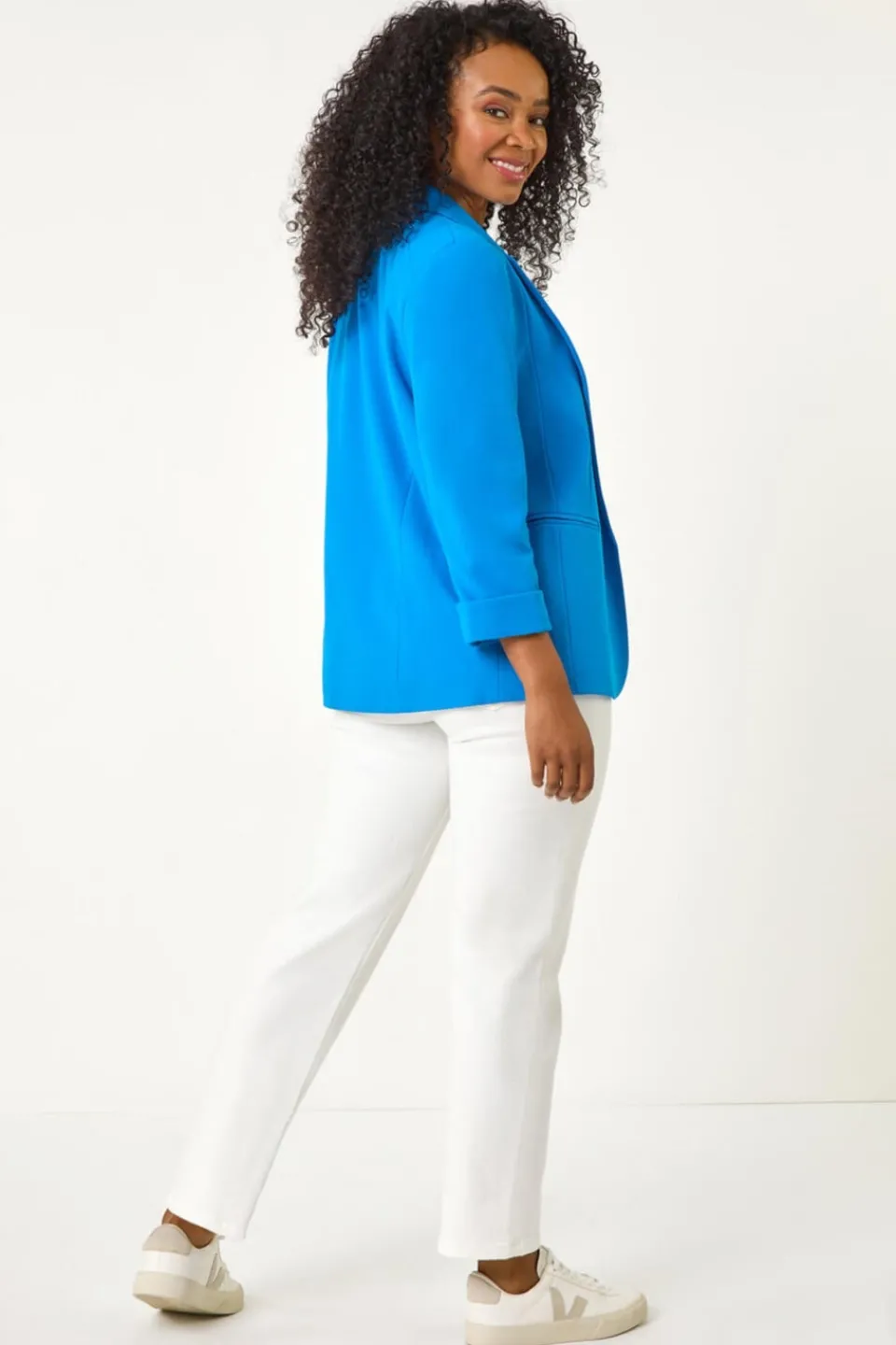 Coats & Jackets>Roman Blue Petite 3/4 Sleeve Classic Stretch Blazer