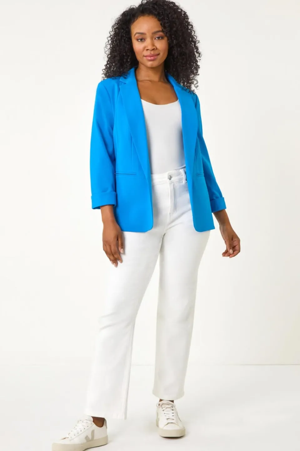 Coats & Jackets>Roman Blue Petite 3/4 Sleeve Classic Stretch Blazer