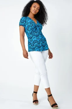 Tops>Roman Blue Petite Aztec Knot Detail V-Neck Stretch Top