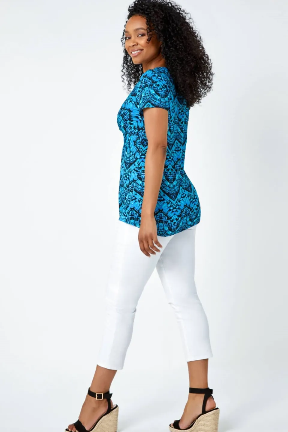Tops>Roman Blue Petite Aztec Knot Detail V-Neck Stretch Top