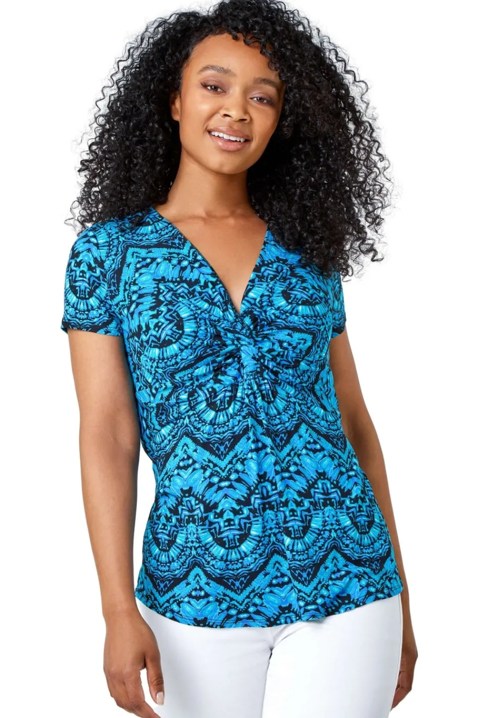 Tops>Roman Blue Petite Aztec Knot Detail V-Neck Stretch Top
