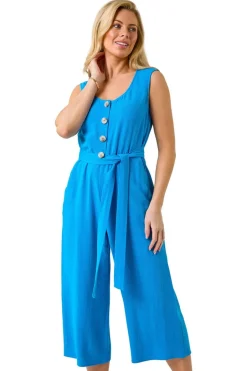 Jumpsuits & Playsuits>Roman Blue Petite Button Front Jumpsuit