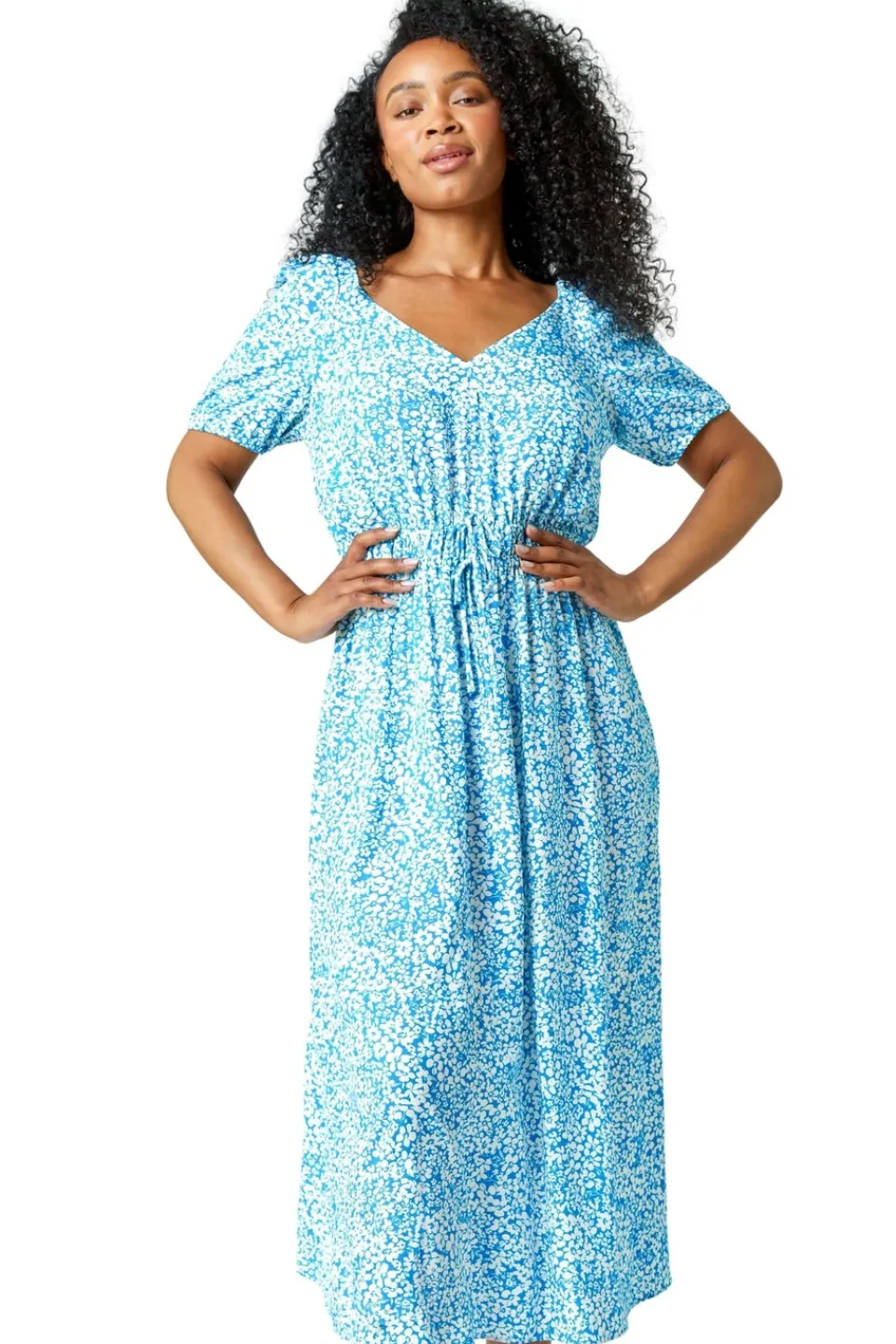 Dresses>Roman Blue Petite Ditsy Floral Stretch Midi Dress