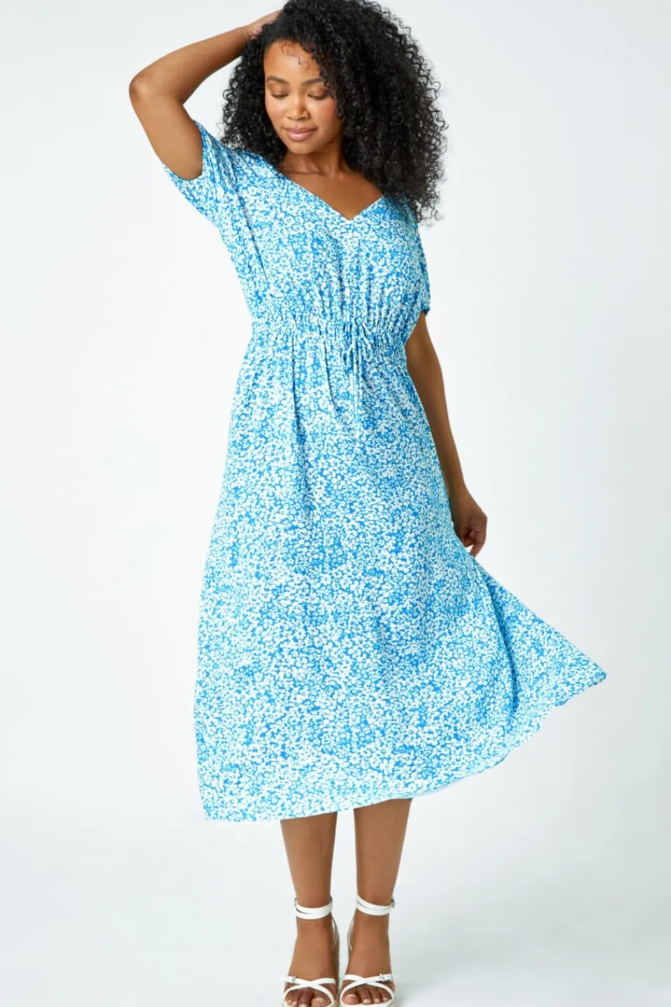 Dresses>Roman Blue Petite Ditsy Floral Stretch Midi Dress