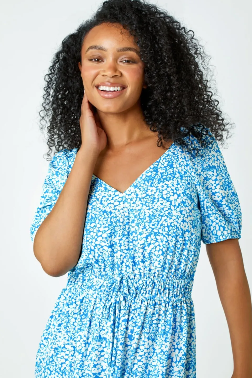 Dresses>Roman Blue Petite Ditsy Floral Stretch Midi Dress