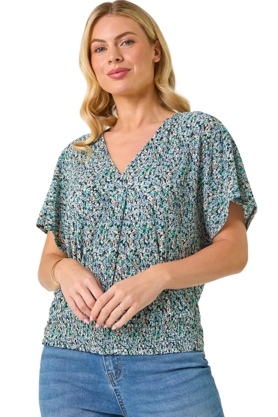 Tops>Roman Blue Petite Ditsy Print Crinkle Blouson Top
