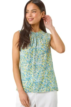 Tops>Roman Blue Petite Ditsy Print Shell Top