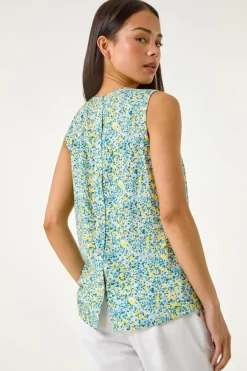 Tops>Roman Blue Petite Ditsy Print Shell Top