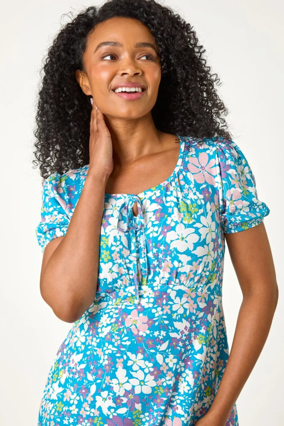 Dresses>Roman Blue Petite Floral Print Stretch Dress
