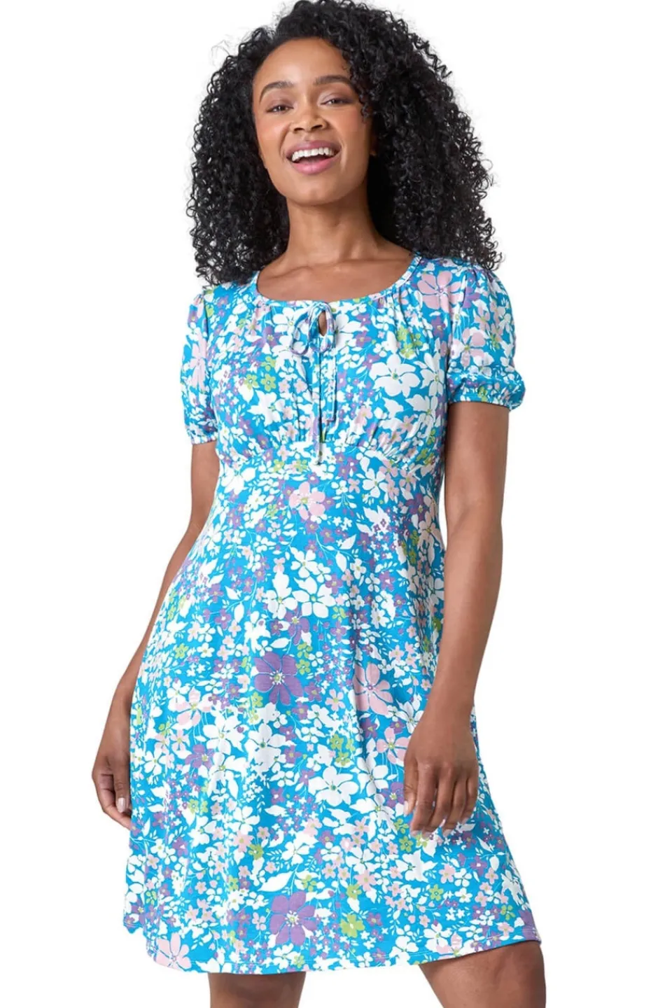 Dresses>Roman Blue Petite Floral Print Stretch Dress