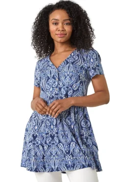 Tops>Roman Blue Petite Paisley Mono V-Neck Tunic