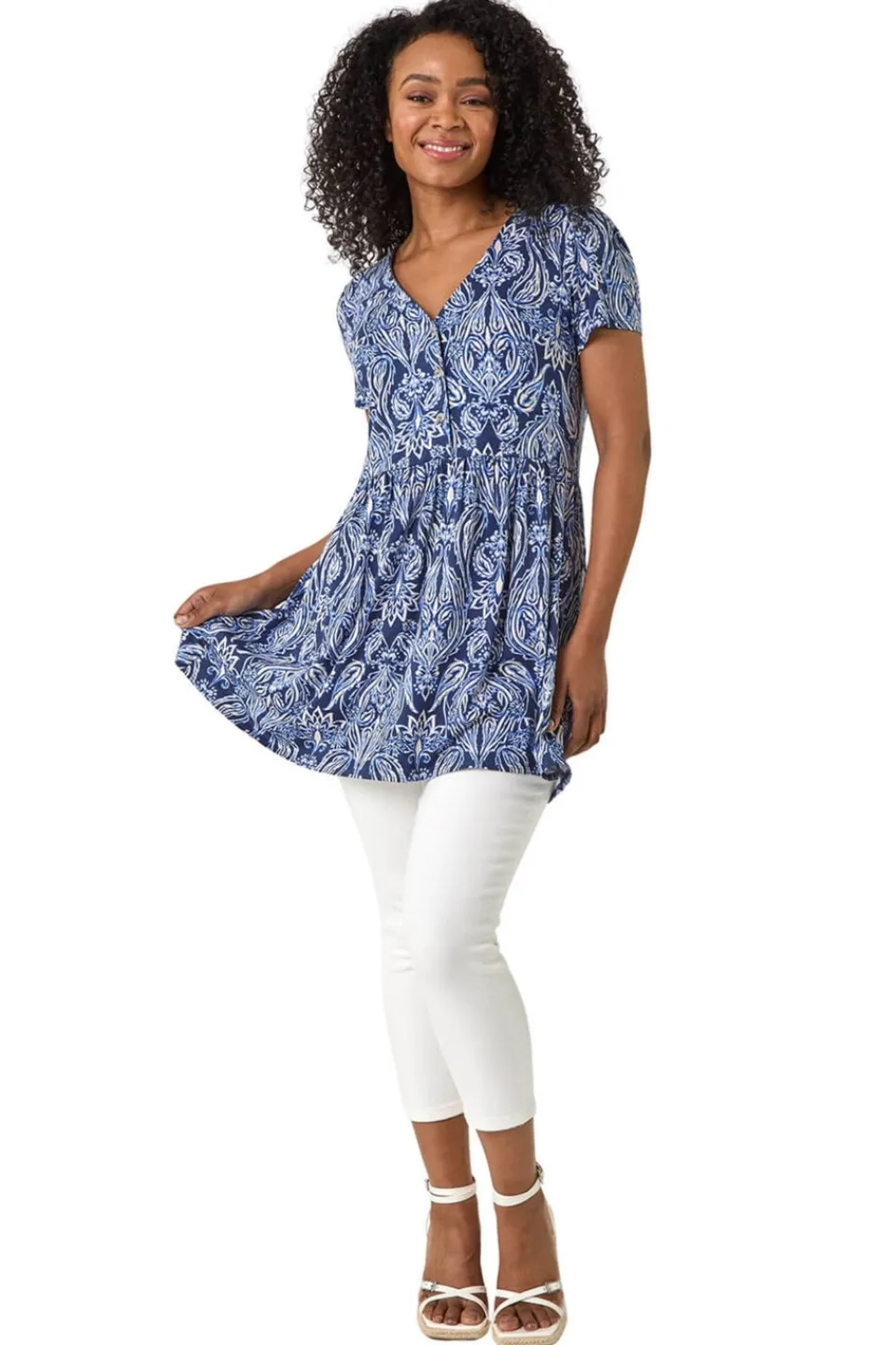 Tops>Roman Blue Petite Paisley Mono V-Neck Tunic