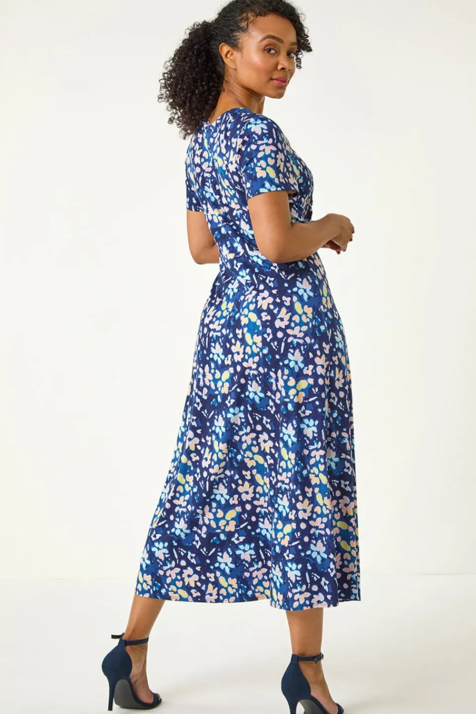 Dresses>Roman Blue Petite Stretch Floral Ruched Front Dress