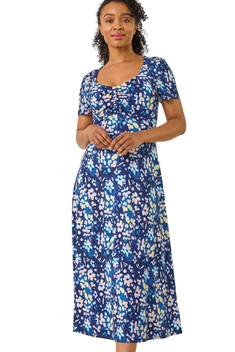 Dresses>Roman Blue Petite Stretch Floral Ruched Front Dress