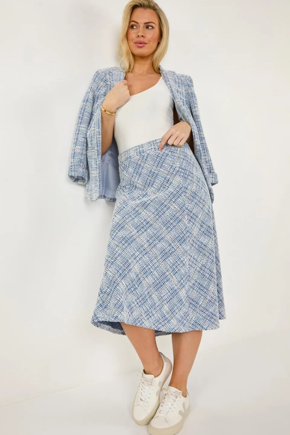 Skirts>Roman Blue Petite Textured Boucle Midi Skirt