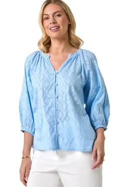 Tops>Roman Blue Petite Textured V-Neck Cotton Blouse