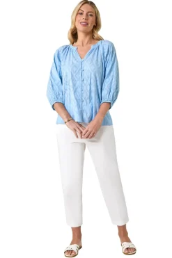Tops>Roman Blue Petite Textured  V-Neck Cotton Blouse