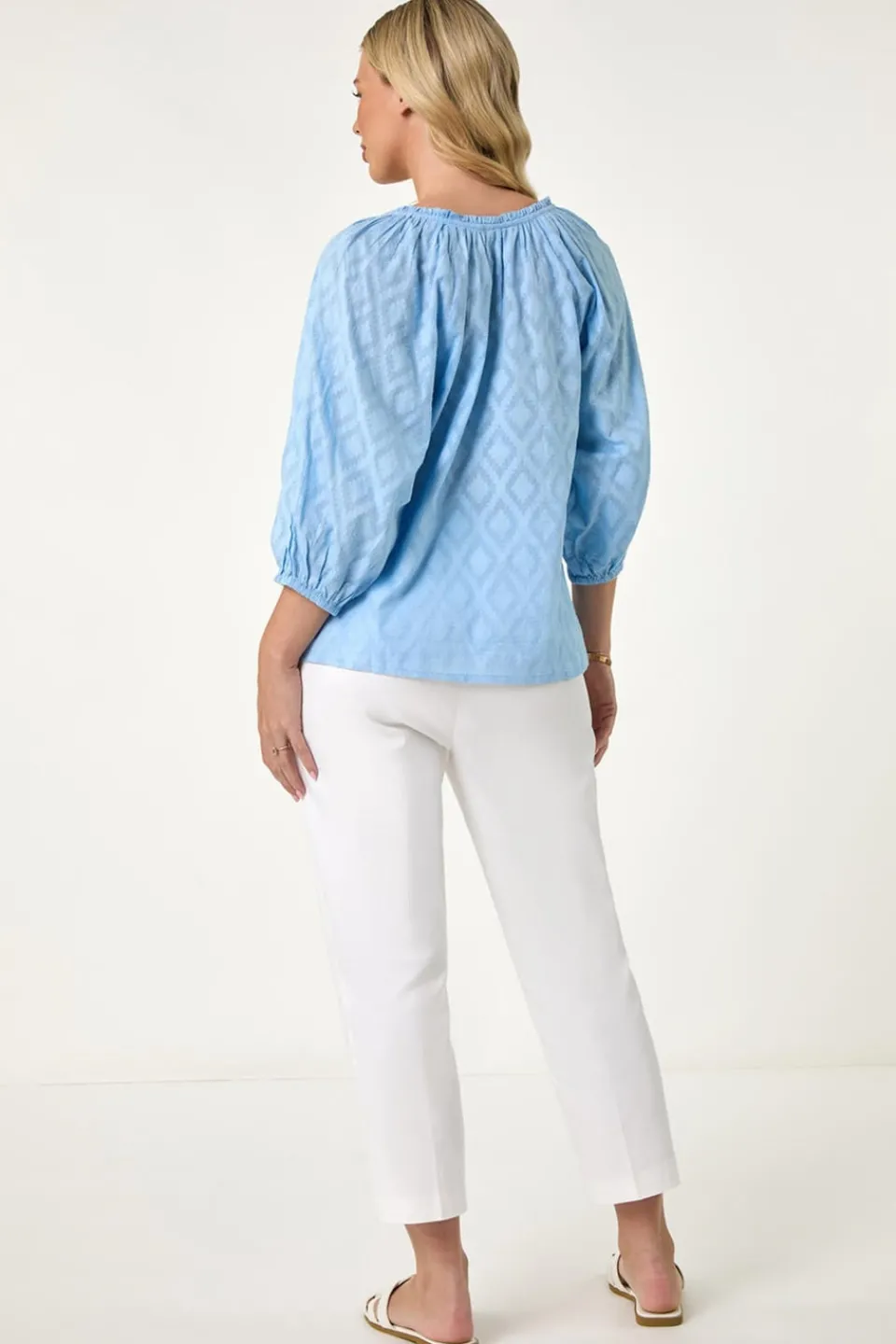 Tops>Roman Blue Petite Textured V-Neck Cotton Blouse