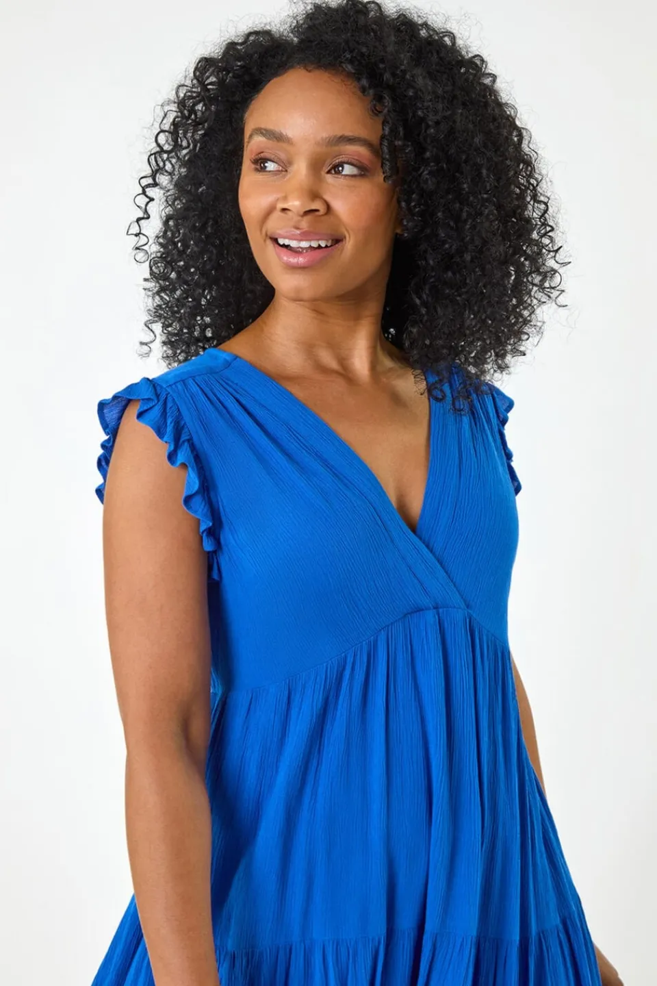 Dresses>Roman Blue Petite V-Neck Frill Short Dress