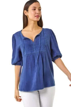 Tops>Roman Blue Pleated Tie Neck Top