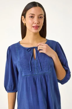 Tops>Roman Blue Pleated Tie Neck Top