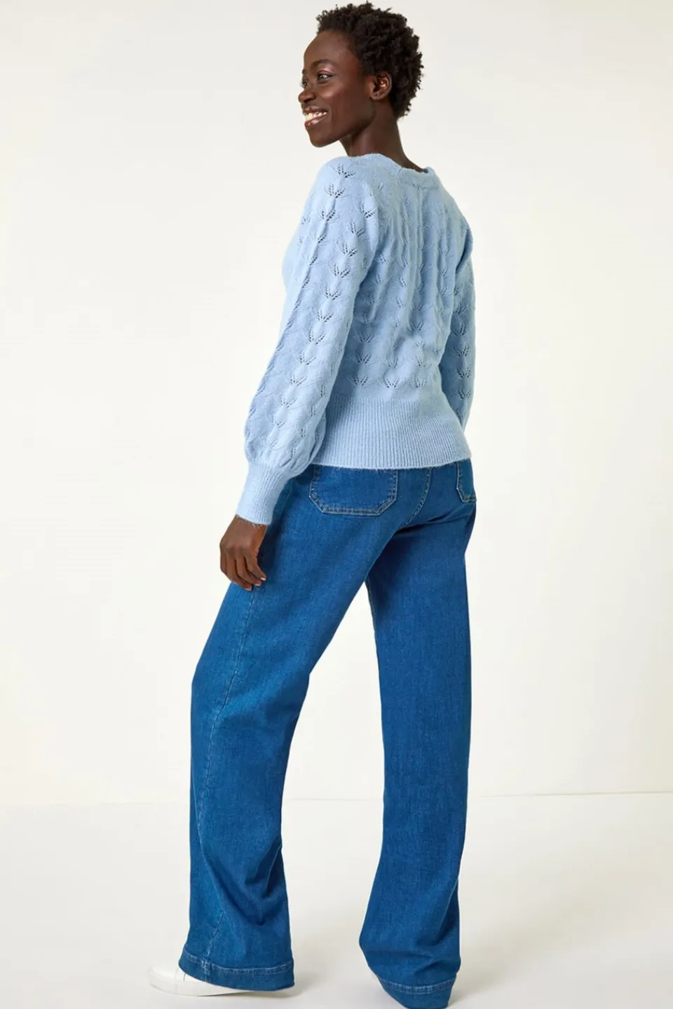 Tops>Roman Pointelle Detail Knit Cardigan Blue