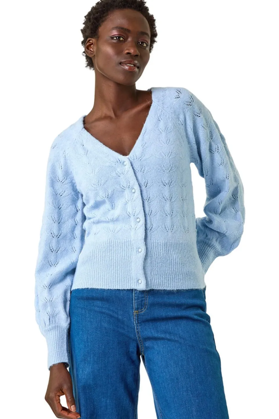 Tops>Roman Pointelle Detail Knit Cardigan Blue