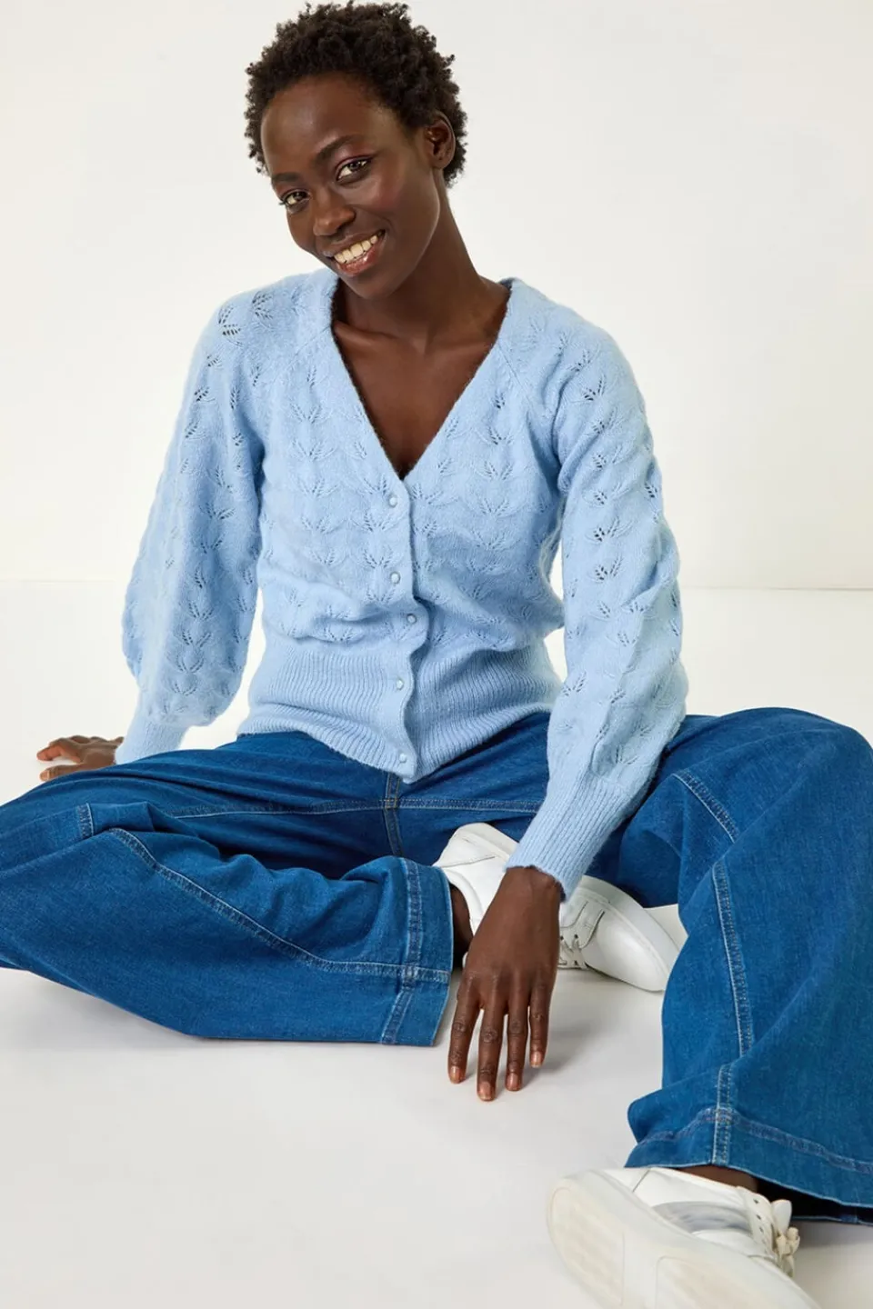 Tops>Roman Pointelle Detail Knit Cardigan Blue