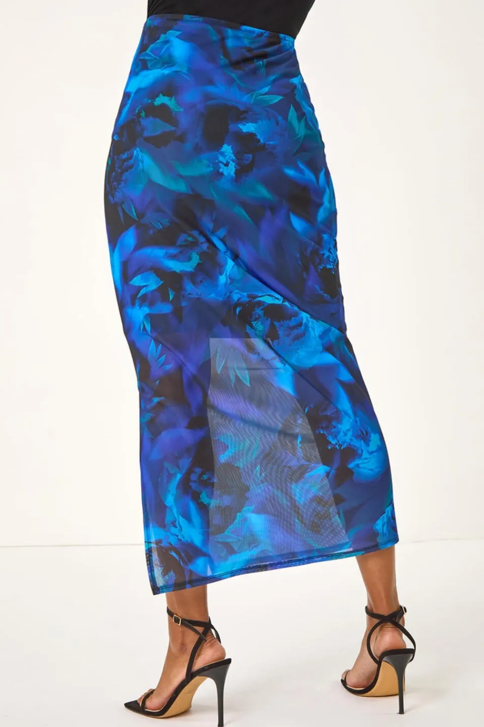 Skirts>Roman Blue Printed Ruched Mesh Pencil Skirt
