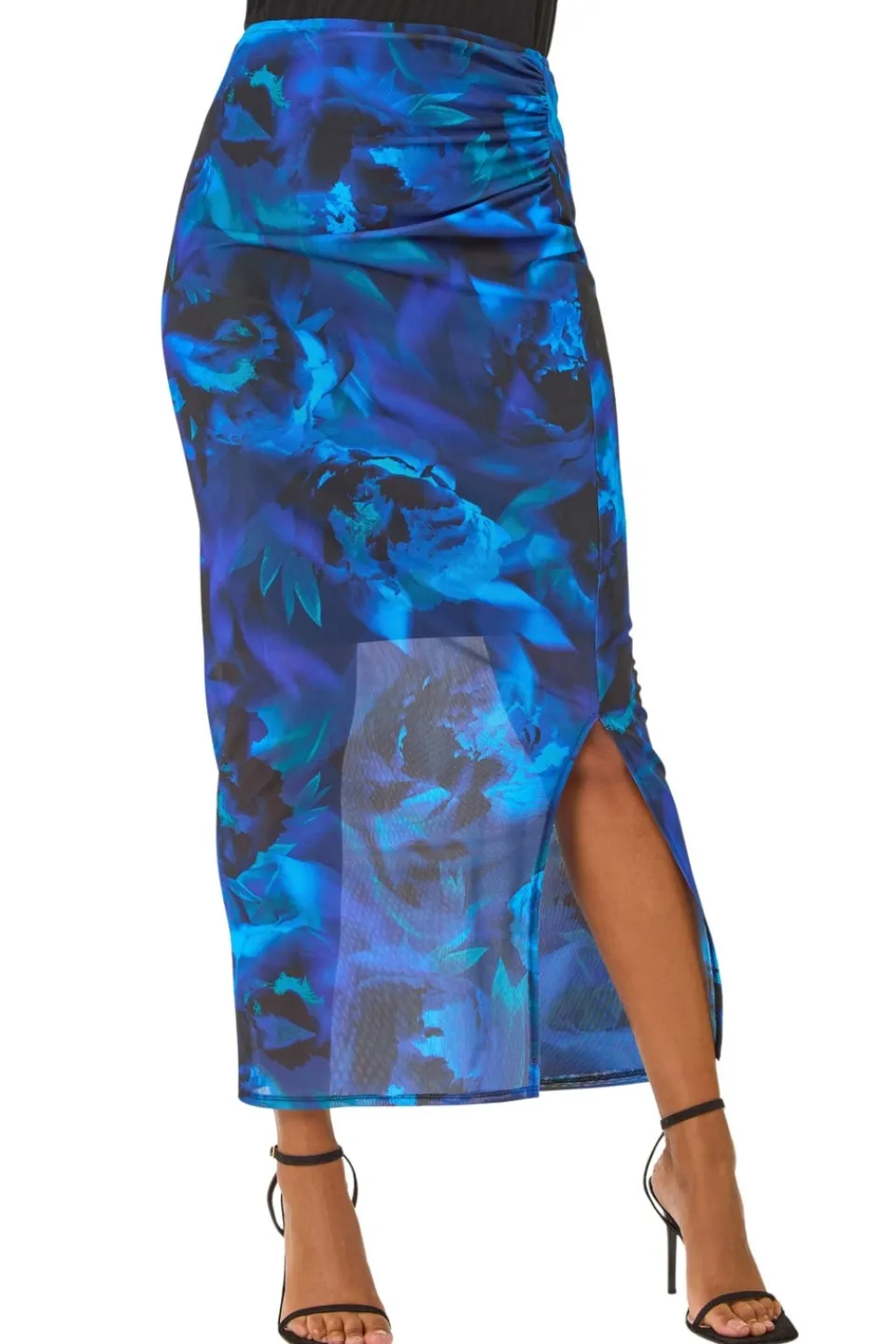 Skirts>Roman Blue Printed Ruched Mesh Pencil Skirt
