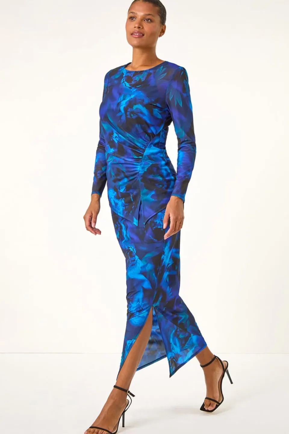 Skirts>Roman Blue Printed Ruched Mesh Pencil Skirt