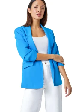 Coats & Jackets>Roman Ruched 3/4 Sleeve Stretch Blazer Blue