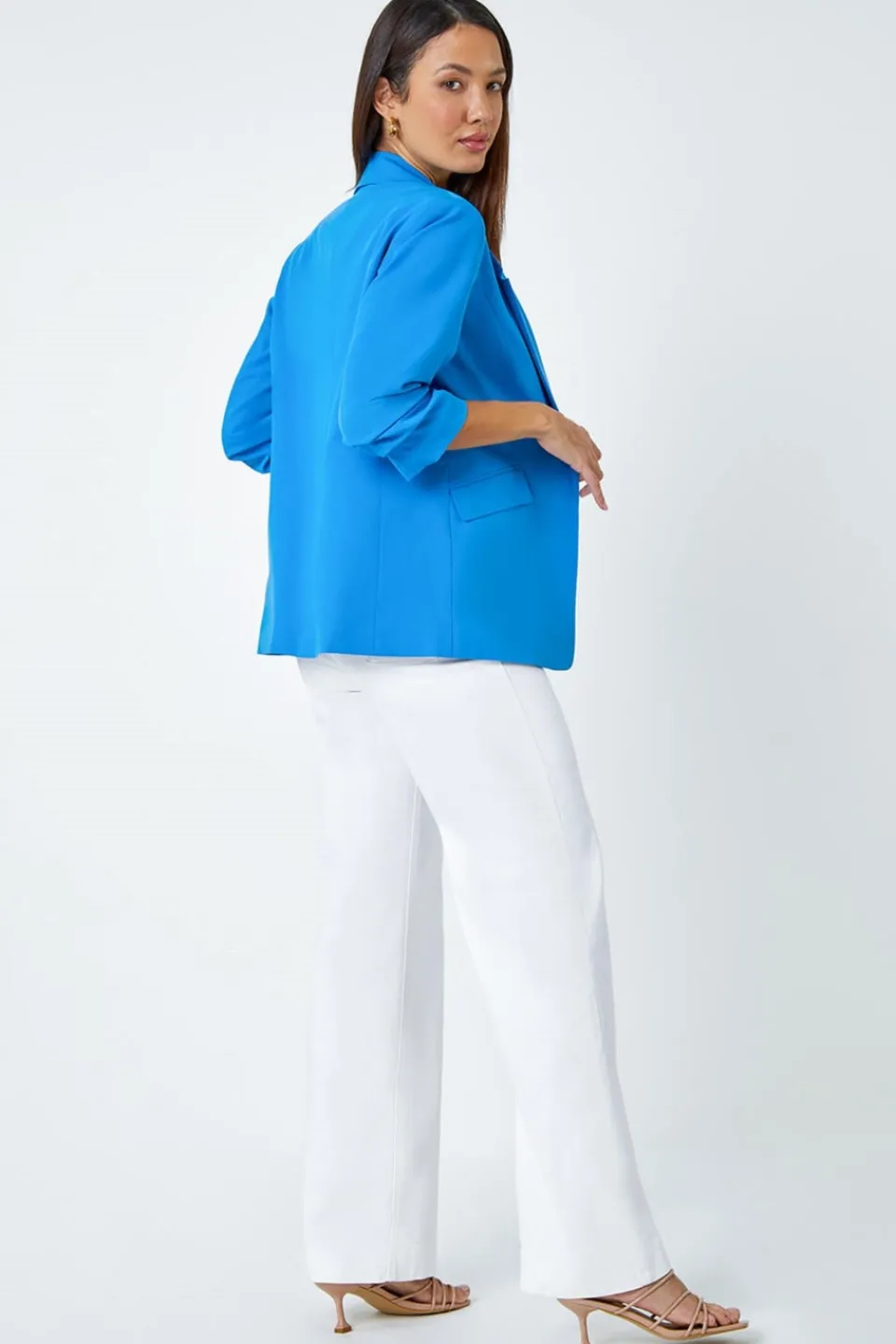 Coats & Jackets>Roman Ruched 3/4 Sleeve Stretch Blazer Blue