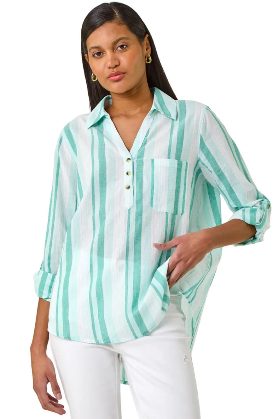 Tops>Roman Blue Stripe Collar V Neck Shirt