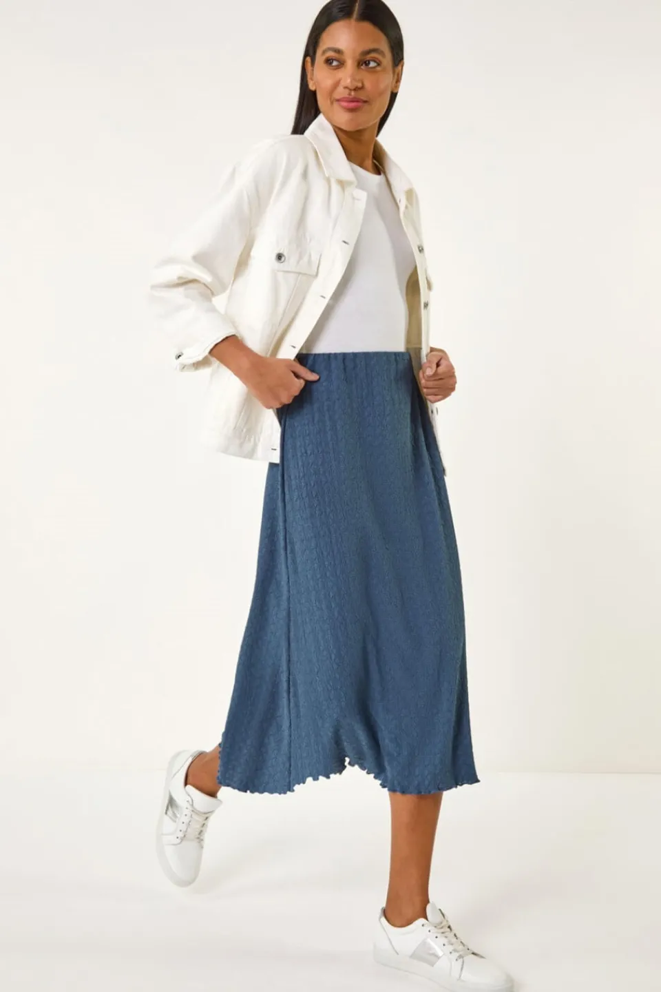 Skirts>Roman Blue Textured Fluted Hem Midi Skirt