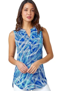 Tops>Roman Blue Textured Spot Print Sleeveless V-Neck Top