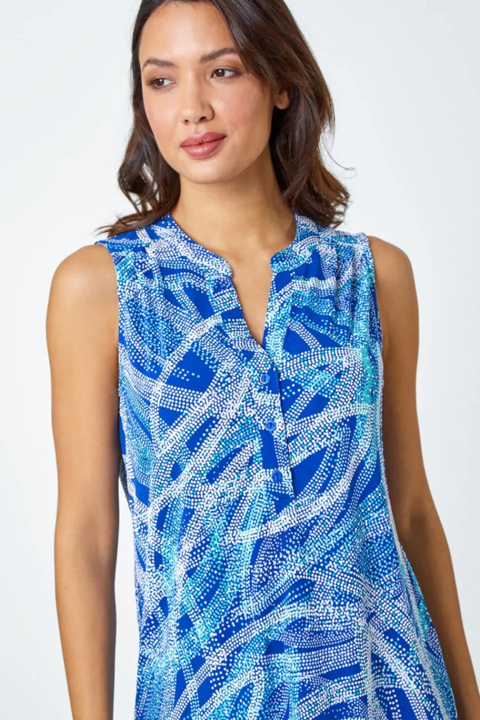 Tops>Roman Blue Textured Spot Print Sleeveless V-Neck Top