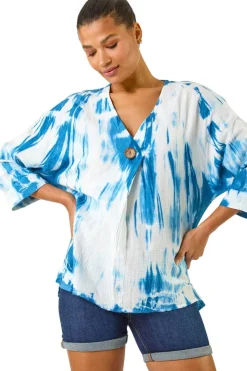 Tops>Roman Blue Tie Dye Print V Neck Tunic Top